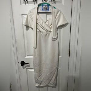 Off shoulder surplice Front buckle belted dress